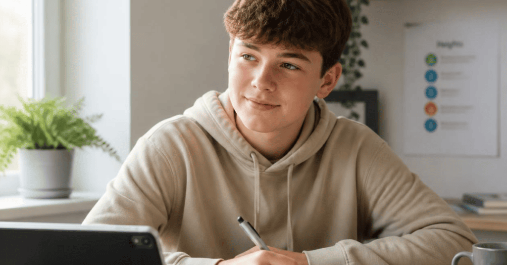 Teenage student studying with a tablet and notebook for a blog about dyslexia supports in Ireland